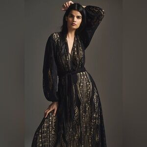 FARM RIO Devore Fringed Maxi Dress Crochet Lace Black Size Small